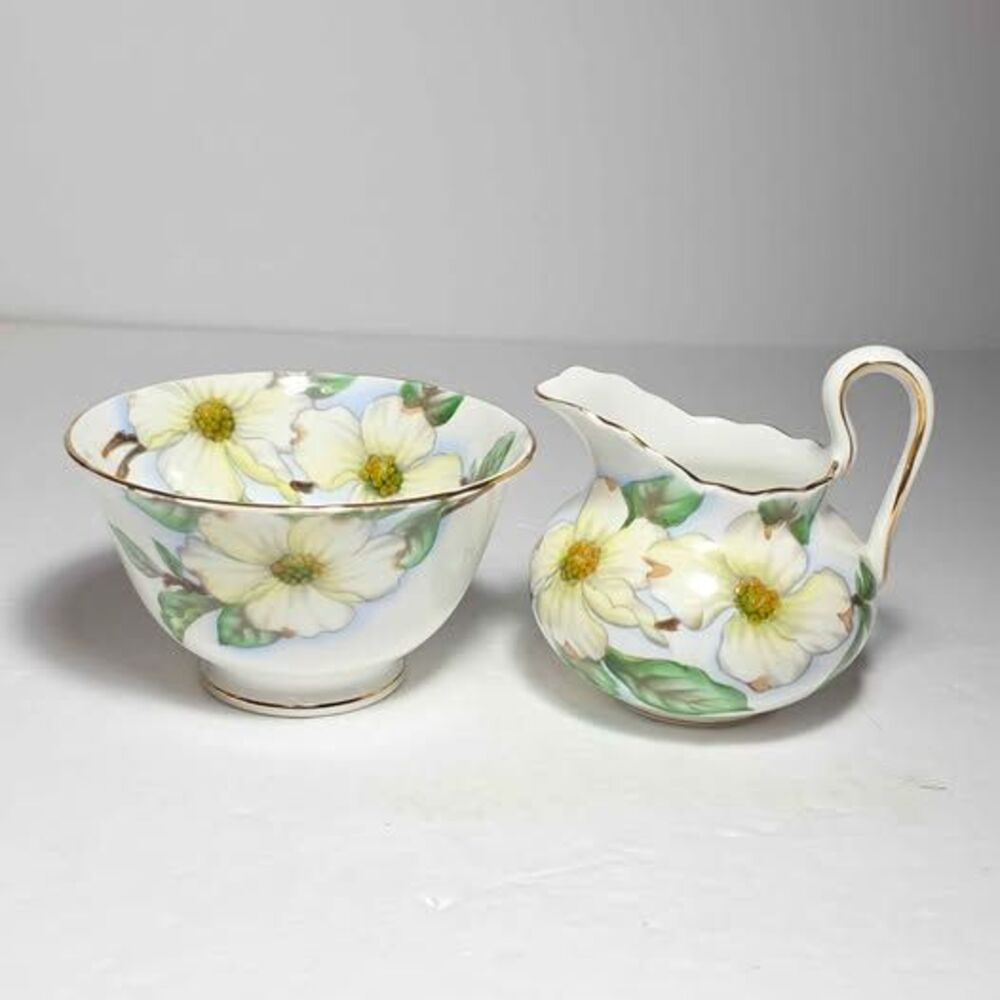 Tuscan Sugar Bowl and Creamer Dogwood White Flowers Vintage